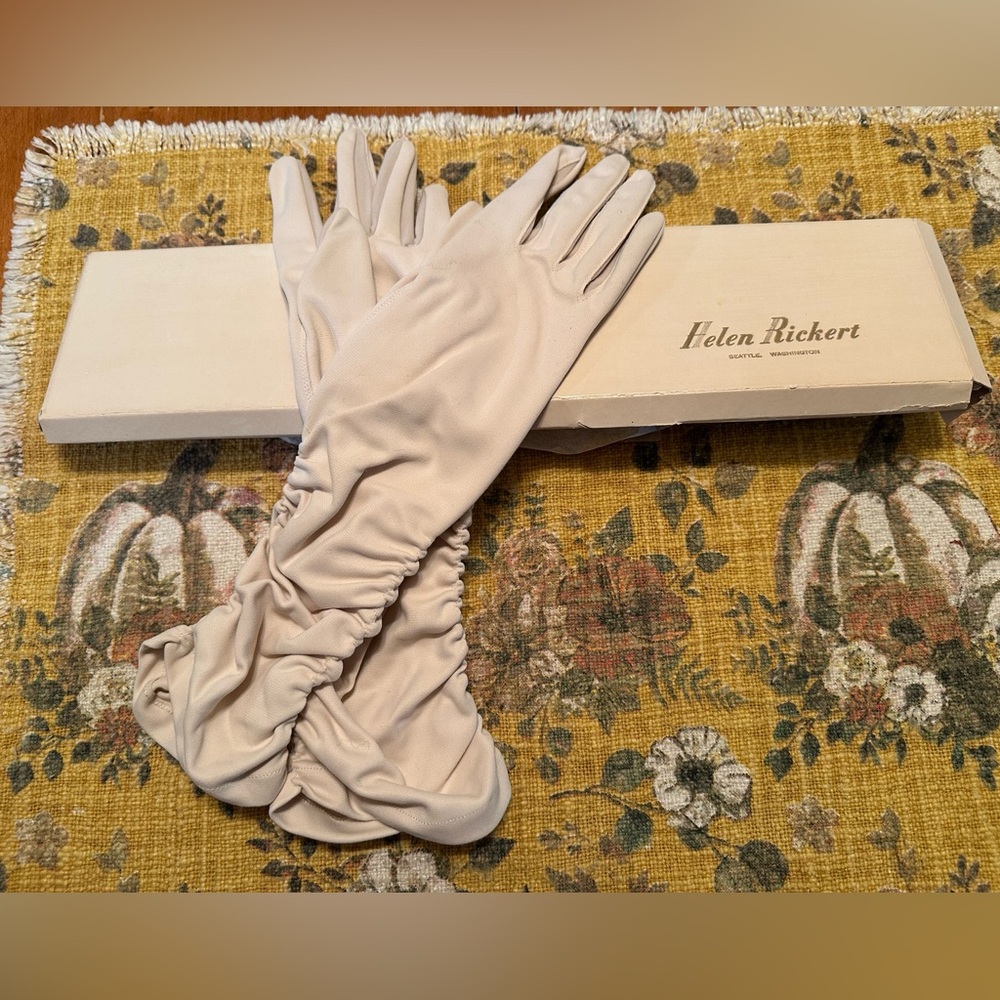 Vintage 60s Evening Gloves Two Tone Beige Ruched Gloves- New Old Stock in box.